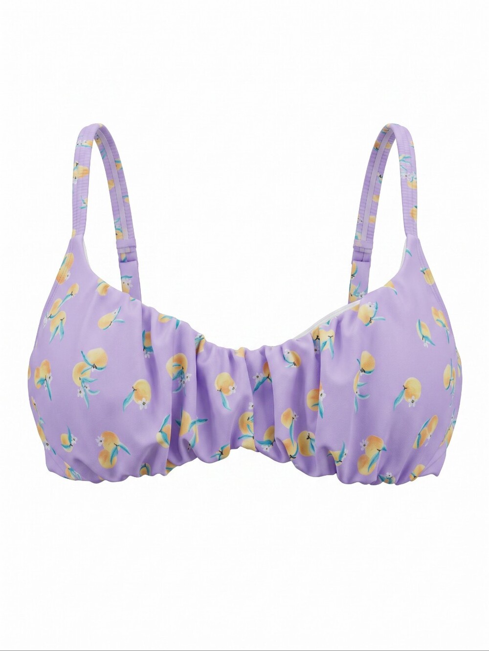 Ninety-Nine Lilac Lemon-Print Bikini Top Feminine Ruched Swim Beach Vacation